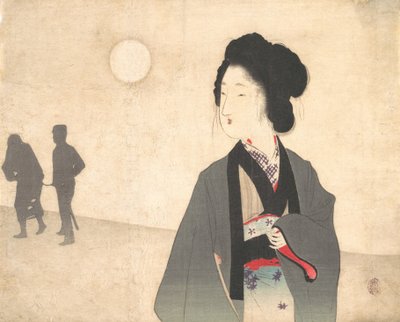 年轻女子看着被带离的男囚犯的剪影，20世纪初。 作者 富冈铁
