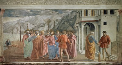 Tribute Money - Le paiment du tribut（贡品） - Tommaso di ser Giovanni di Mone Cassai dit Masaccio (1401-1428) 的壁画，254.5x598.3 厘米 作者 托马索·马萨乔
