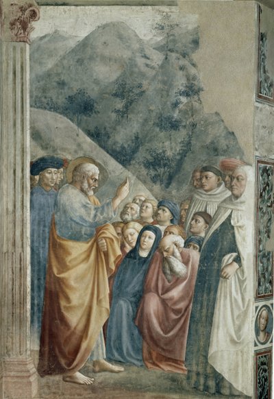 圣彼得的预言 - Tommaso di Cristoforo Fini dit Masolino da Panicale（1383 年至 1440 年左右）的壁画，255x162 厘米，约 1425 年。佛罗伦萨，圣玛丽亚德尔卡迈恩教堂，布兰卡奇教堂 作者 Tommaso Masolino da Panicale