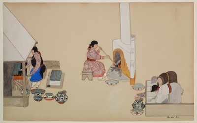 20世纪初，织布和监窑的妇女（纸上酪蛋白） 作者 托尼塔佩纳