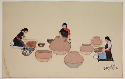 从事粘土工作的妇女，塑造容器，20 世纪初，20 世纪初（纸上酪蛋白） 作者 托尼塔佩纳