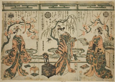 Sanogawa Ichimatsu（右）、Nakamura Tomijuro（中）和 Nakamura Kumetaro（左），出自《A Comparison - Set of Three》（Nazorae Sanpukutsui）。 作者 鸟居清宏
