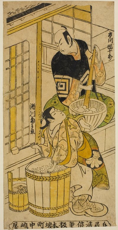 1732 年正月在中村剧场上演的话剧《初音阿基奈曾我》中饰演 Kenkaya Gorouemon 的演员市川团十郎二世和饰演 Osen 的濑川菊之条一世 作者 鸟居清二