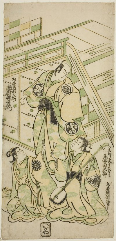 1744 年正月在市村剧场上演的话剧《七草若柳曾我》中饰演鬼雄新左卫门的演员市村右左卫门八世和饰演歌妓宇津云的小野江菊五郎一世 作者 鸟居清二