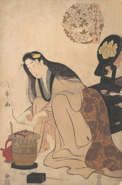 女士整理鬓角上的彬彬有礼的支撑物，以放在她的头发上，约......，约1808年。 作者 鸟居清峰