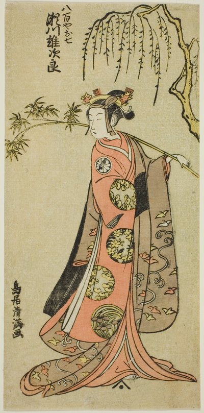 1773 年 3 月在市村剧场上演的话剧《江户之春梅庄曾我》中饰演 Oshichi 的演员濑川雄二郎一世 作者 鸟井清光一号