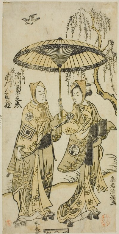 1767 年二月在市村剧场上演的话剧《大阪日津井之名》中饰演大津的濑川菊之条二世和饰演其情人德兵卫的市川耀三世。 作者 鸟井清光一号