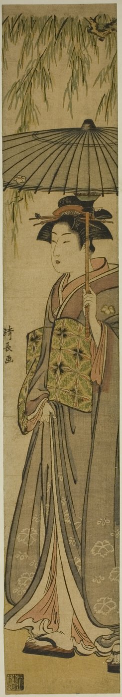 柳树下撑伞的艺伎 作者 永永鸟居