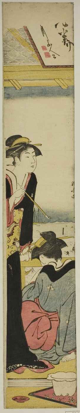 艺伎和女仆在阳台上俯瞰海湾 作者 永永鸟居