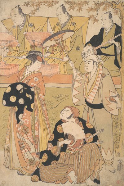 小野松介一世作为花魁站在左边，与中村中藏一世作为Sam...交谈，约1788年。 作者 永永鸟居