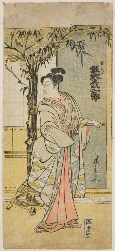 1779 年正月在市村剧场上演的话剧《淳淑江户村崎》中饰演吉三郎的万户彦三郎三世。 作者 永永鸟居