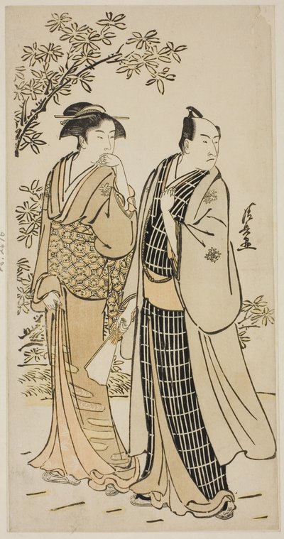 演员市川门之助二世和他的妻子，选自展示演员私生活的无标题版画系列 作者 永永鸟居
