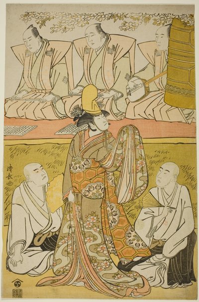 1783 年 8 月在市村剧场上演的话剧《江户金子武尊道场寺》中饰演白鸟吉胜的演员中村中藏一世、饰演僧侣梅月坊的演员松本小四郎四世以及饰演僧侣伊泽洋坊的演员大谷弘治三世。 作者 永永鸟居