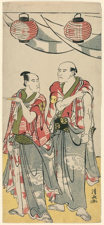 演员岚龙藏二世和市川驹藏三世，选自庆祝曾我兄弟神社祭祀的 11 位演员的五联画 作者 永永鸟居