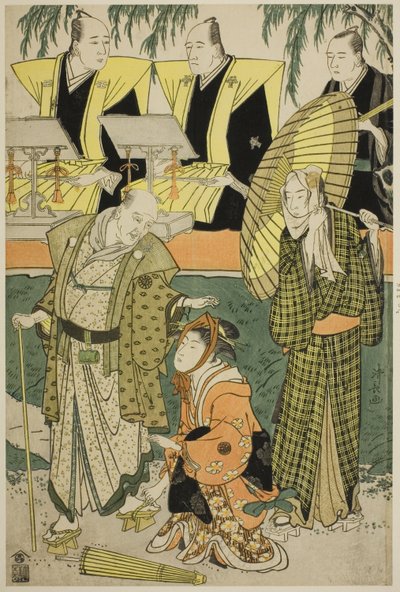 1783 年 5 月在盛田剧院上演的话剧《京成小比丘》中饰演中兵卫的万户松四郎、饰演梅川的大川常代二世和饰演马高右卫门的中村桂五郎。 作者 永永鸟居