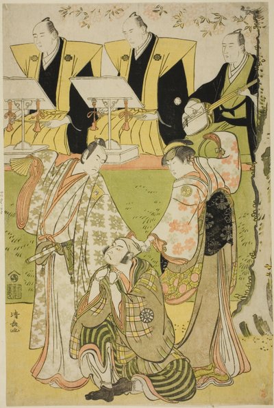 1784 年 11 月在 Kiri 剧场上演的话剧 "Tsumoru Koi Yuki no Seki no To "中饰演 Munesada 的演员 Ichikawa Monnosuke II、饰演歌妓 Sumizome 的演员 Segawa Kikunojo III 和饰演 Sekibei 的演员 Nakamura Nakazo I。 作者 永永鸟居