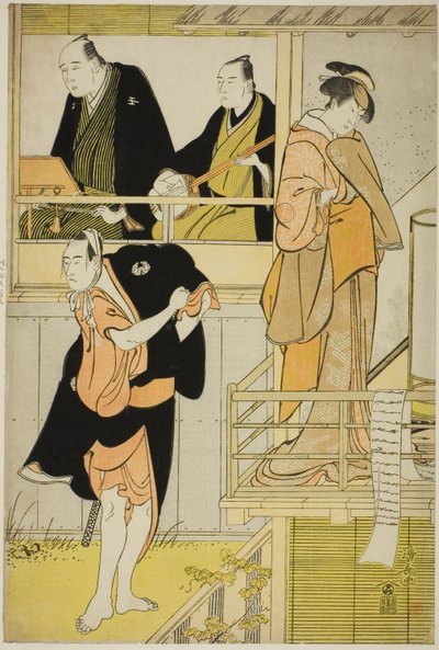 1785 年 3 月在中村剧场演出的净琉璃《坂町谣之四辻》中饰演丹羽大妻的演员中村理子一世和饰演古屋八兵卫的市川耀三世 作者 永永鸟居