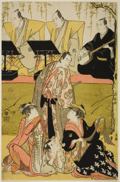 1784 年正月在市村剧场上演的净琉璃 "千鸟驹之玉叶 "中饰演曾吾十郎的泽村宗十郎三世、饰演大矶鸟的大川常代二世、饰演三浦片饲的东陶三世和饰演团三郎的大谷德治一世。 作者 永永鸟居