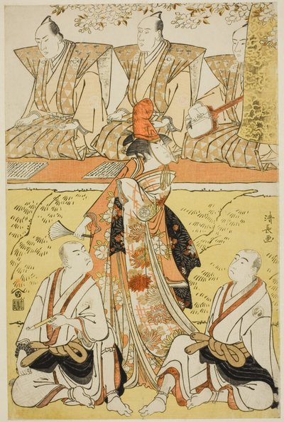 1783 年 4 月在中村剧场上演的正剧 "真田朔花无生梦道场寺 "中饰演小糸的濑川菊之条三世、饰演僧侣三念坊的泽村宗十郎三世和饰演僧侣莲生坊的市川门之助二世。 作者 永永鸟居