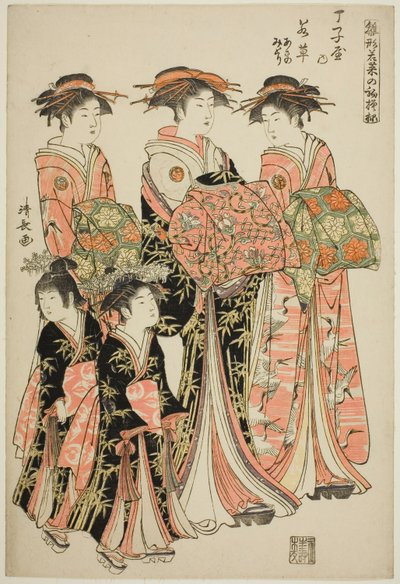 周家的歌妓若草与她的随从浅野和绿，选自 "时装模特 "系列：如嫩叶般清新的新设计（雏形若菜的初叶）" 系列中的作品 作者 永永鸟居