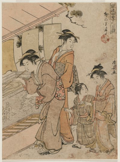 1784年《四个季节的每月时尚探访寺庙》系列中的第四个月。 作者 永永鸟居
