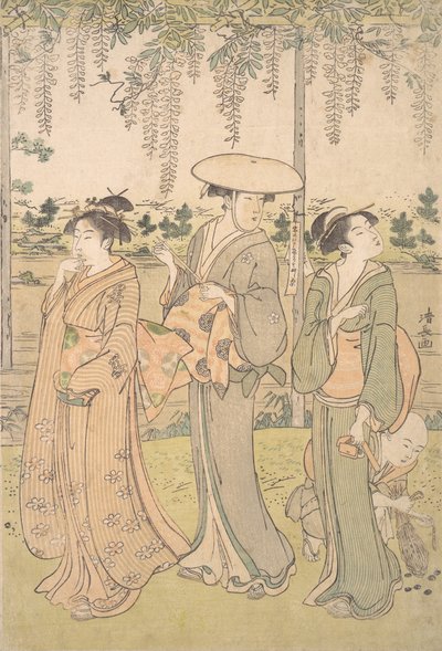 溪流岸边的紫藤花架下的三个女人和一个小男孩，约1790年。 作者 永永鸟居