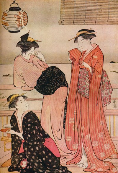 c1752-1815年，在品川的一家茶馆的阳台上可以俯瞰江户湾的三个女孩 作者 永永鸟居