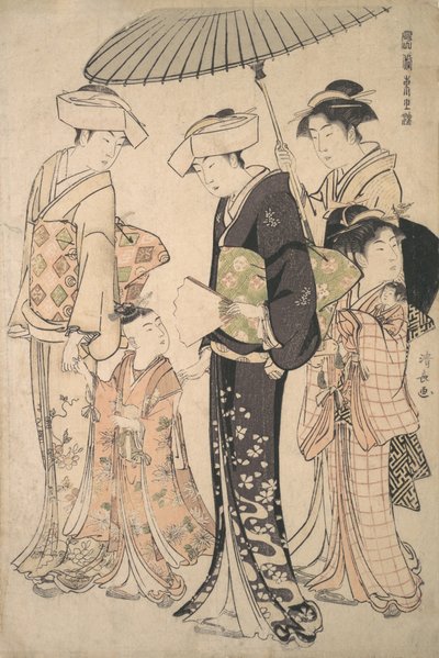 两位身着夏日服装的妇女带着一位年轻女孩去神庙参加米亚麦里......，约1783年。 作者 永永鸟居