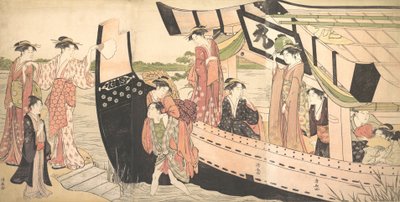 在隅田川的向岛，妇女从拉到岸边的游船上降落，......，约1785年。 作者 永永鸟居
