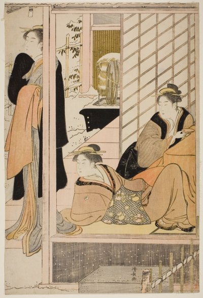 从客厅观赏雪景花园的妇女 作者 永永鸟居