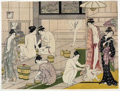 公共浴池里的女人。 Torii Kiyonaga (1752-1815) 的日本版画，大约 1785 年。 Torii School（浮世绘或浮世绘）。 作者 永永鸟居