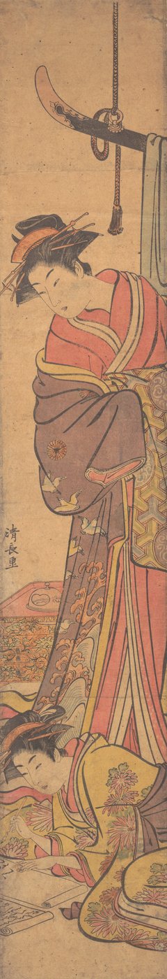年轻女子从另一个正在写信的人的肩膀上看过去。 作者 永永鸟居