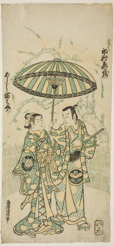 1748 年 11 月在市村剧场演出的话剧《北藏云泽八幡》中饰演关东甲禄的演员市村龟三一世和饰演林崎的岚富之助一世 作者 鸟井清信二世