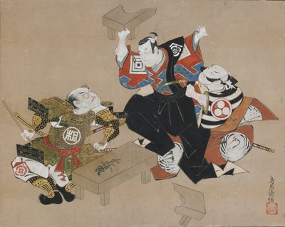 演员 Ichikawa Danjuro II 饰演 Soga no Goro 和 Ogawa Zengoro 饰演 Kudo Suketsune, 约。1715. 作者 鸟居清信一世
