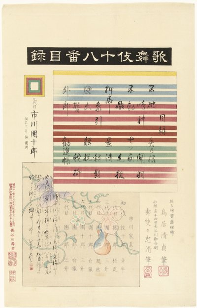 歌舞伎珠八番》系列目录
歌舞伎十番木偶戏（实物标题）
十八歌舞伎游戏（系列名称）
歌舞伎珠八番（物件上的系列名称） 作者 渡边弥太郎