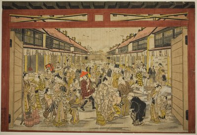 新吉原正门，约 1745 年（手绘木版画；toku-oban yoko-e，beni-e）。 作者 鸟居清忠