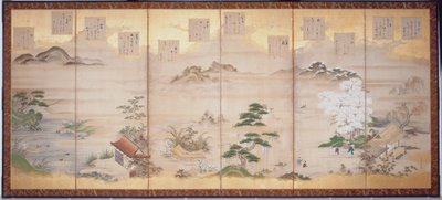 缇卡的《十二个月的诗》（水墨、彩色、金箔，纸本，六折屏风） 作者 土佐三成