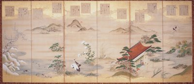 缇卡的《十二个月的诗》（水墨、彩色、金箔，纸本，六折屏风） 作者 土佐三成