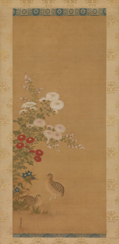 鹌鹑和秋花，17世纪末。 作者 土佐三冈