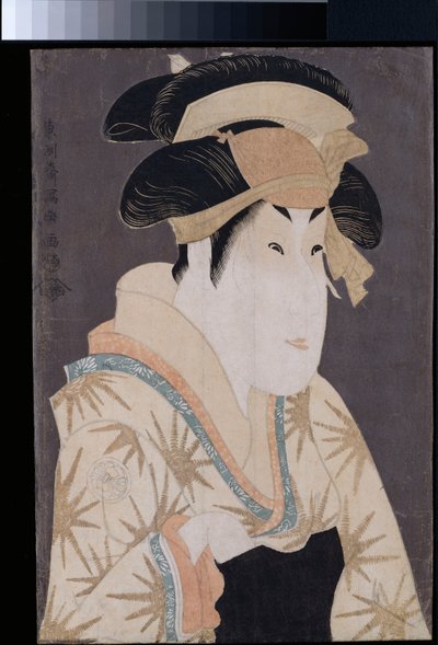 在关西6月5日在宫古座剧院上演的《花aya彩文录》中，饰演田边文三的妻子大津胜男的演员Segawa Kikunojo III的大头照。 作者 Toshusai Sharaku