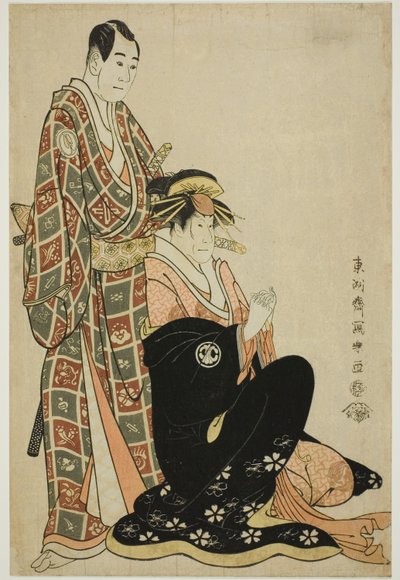 濑川菊之条三世（左）饰演歌妓桂木，泽村宗十郎三世（左）饰演名古屋三座元春 作者 Toshusai Sharaku