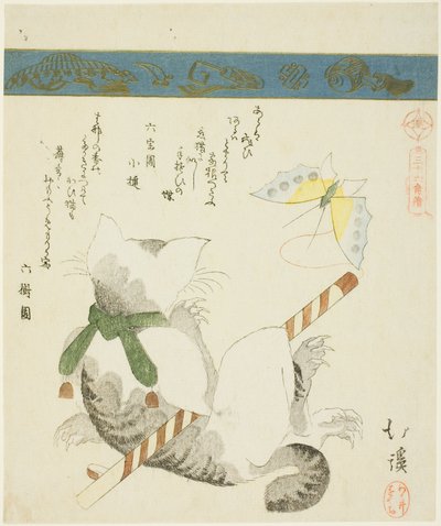 猫玩玩具蝴蝶》，选自 "三十六鸟图（三十六鸟图）"系列 作者 东东屋北海