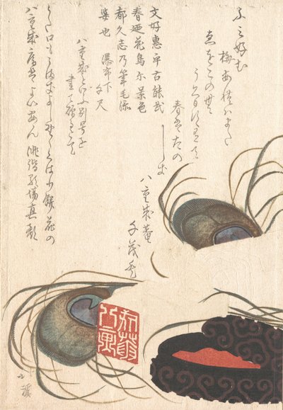 篆石和篆墨与孔雀羽毛，出自《春雨》Surimono Album H.，大概是1817年。 作者 东东屋北海