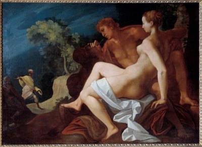 Angelique et Medor 代表 Medor (Medor) 的 Ludovic Ariosto (Arioste) 为“Le Roland Furieux” (Orlando Furioso) 绘制的插图，在岩石上刻上了他刚加入的 Angelique (Angelica) 的名字 - 在底部 , 罗兰到了, co 作者 图森·杜布罗伊