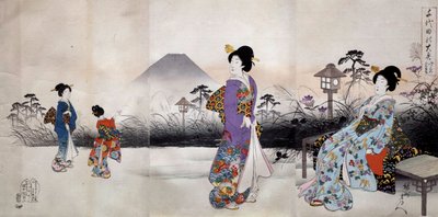 日本妇女在富士山前行走 日本印刷品，丰原智信（1838-1912） 1896年 私人收藏 作者 丰原千信