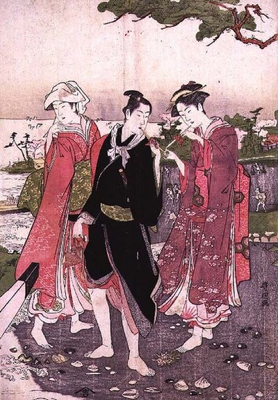 海滩上的两个女孩和一个青年，酒吧，约1780年 作者 歌川丰国