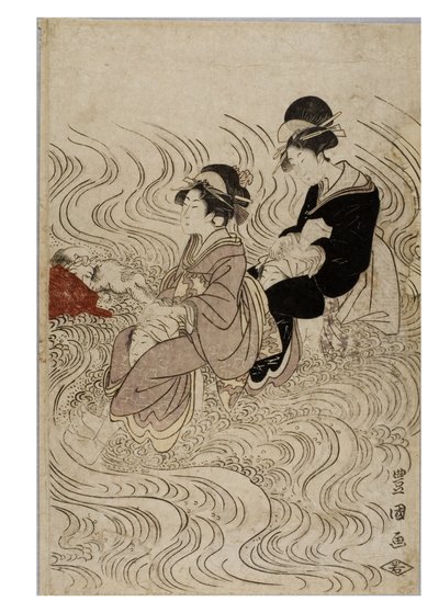 在波涛汹涌的河流中渡过的宫女队伍 作者 歌川丰国