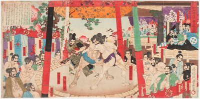 Combat de sumo devant Toyotomi Hideyoshi 1537-1598) et Kato Kiyomasa (1562-1611). Estampe de Utagawa Toyono bu (1859-1886) 作者 歌川丰信