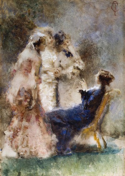 High Life (A Piquant Conversation) par Cremona, Tranquillo (1837-1878)。 纸板水彩，尺寸：52x36,5 作者 Tranquillo Cremona