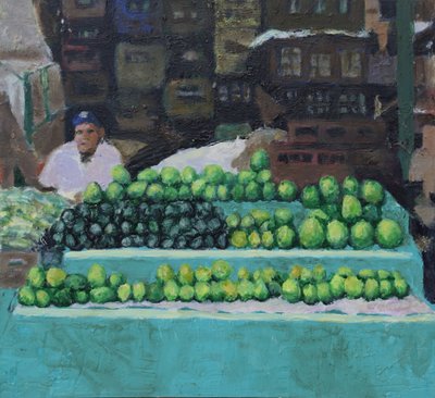 销售芒果和鳄梨（哥伦比亚波哥大），2016 年（木板油画） 作者 特雷弗·伯吉斯